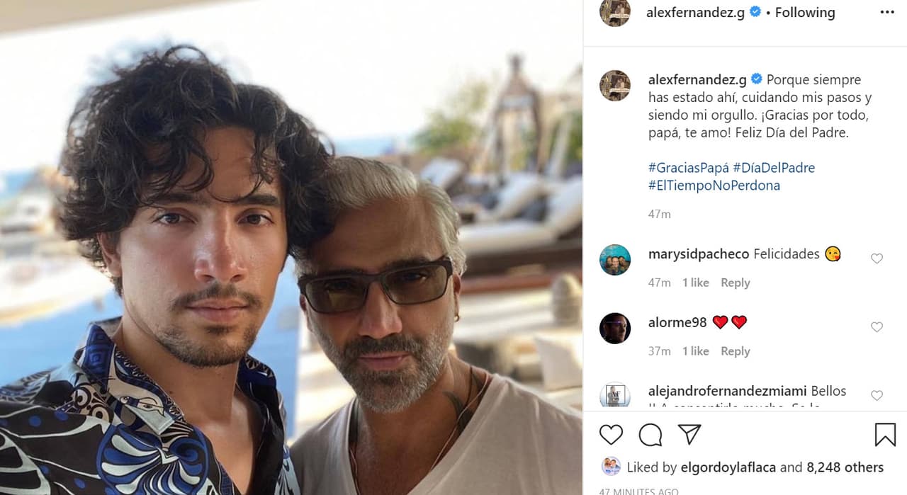 <b><a href="https://www.univision.com/famosos/el-tiempo-no-perdona-la-revelacion-de-alex-fernandez-desde-el-bunker-que-alisto-el-potrillo-para-el-fin-del-mundo" target="_blank">Alex Fernández</a></b> celebró al lado de su famoso papá, Alejandro Fernández 'El Potrillo': "Porque 
<b><a href="https://www.instagram.com/p/CBs1eaNA_5W/" target="_blank">siempre has estado ahí</a></b>, cuidando mis pasos y siendo mi orgullo. ¡Gracias por todo, papá, te amo! Feliz Día del Padre".