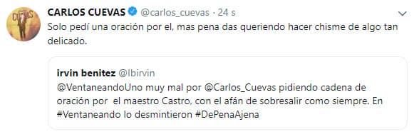 Minutos más tarde, el hermano de la multipremiada intérprete Aída Cuevas, recibió críticas por parte de algunos usuarios y se defendió.
<br>