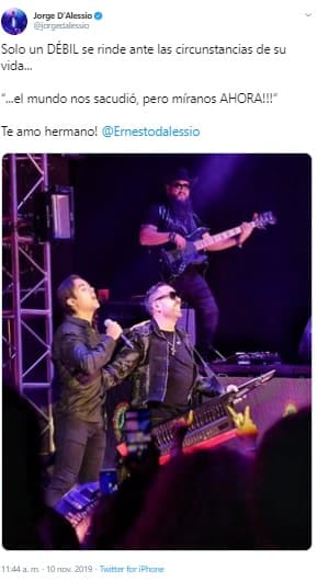 Jorge D'Alessio demuestra ese orgullo en cada oportunidad que tiene:"Escribí un tuit (el 10 de noviembre) que me siento muy orgulloso, es una foto que nos tomaron a mi hermano (Ernesto) y a mí ayer y puse 'el mundo nos sacudió, pero 
<b><a href="https://twitter.com/jorgedalessio/status/1193585120302600192" target="_blank">míranos ahora</a></b>'".