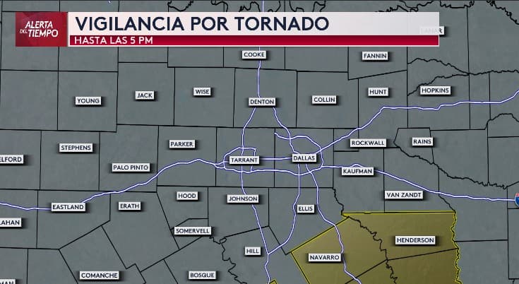 <b>Vigilancia por tornados:</b> Afecta a áreas ubicadas
<b>al sureste de la región</b>, abarcando
<b>parte de los condados Navarro y Henderson</b>, que incluyen
<b>las ciudades de Corsicana y Athens</b>. Esto indica que
<b>existen condiciones propicias para la formación de tornados</b>.