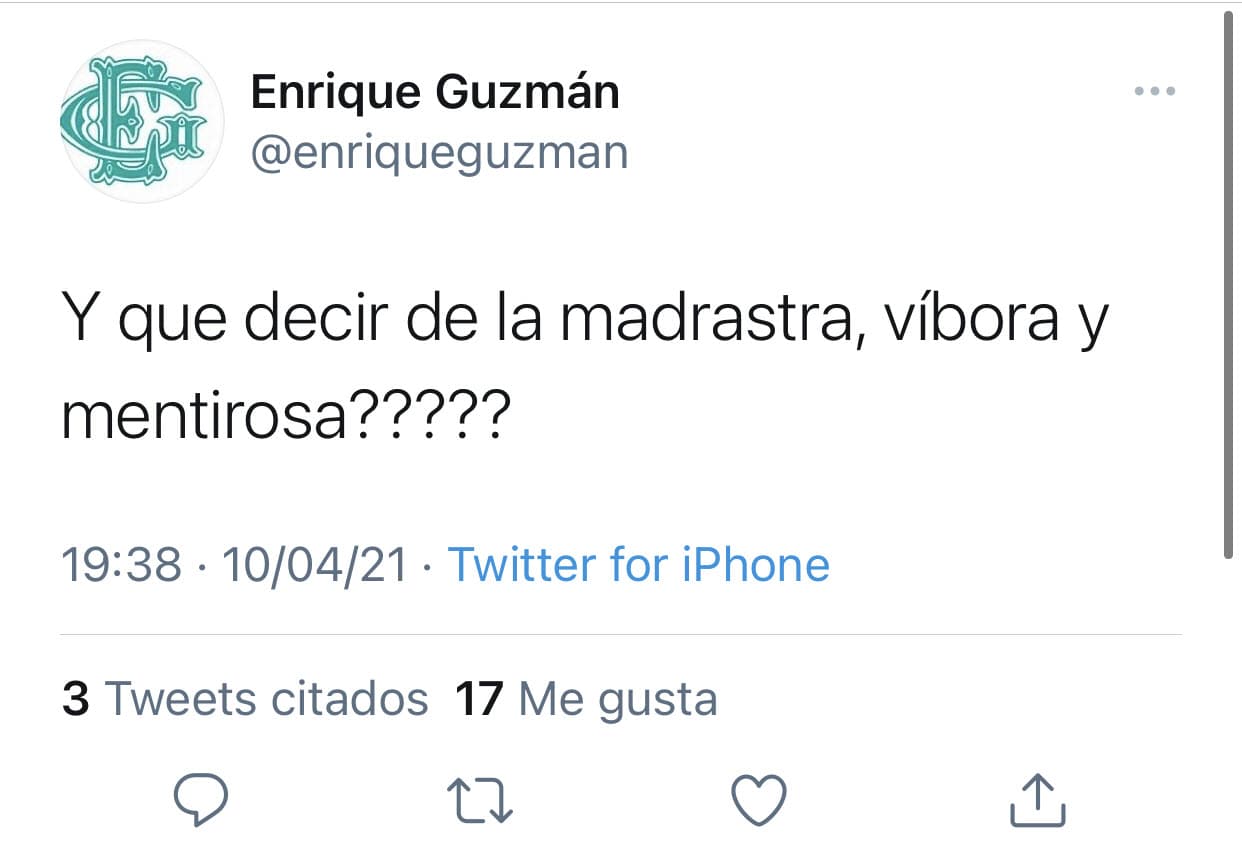 Ante esto, Enrique Guzmán reaccionó y el sábado 10 tildó en Twitter de
<b> <a href="https://twitter.com/enriqueguzman/status/1381043943400427521" target="_blank">"víbora y mentirosa"</a> </b>a la esposa de Pablo Moctezuma.
<br>