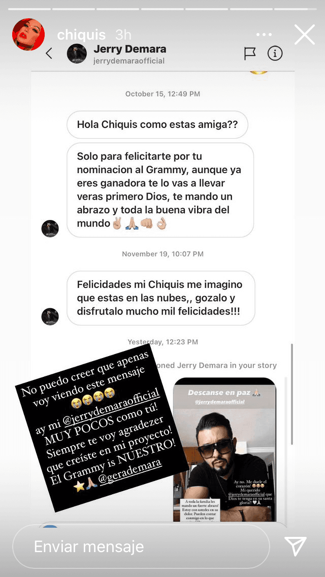 "Hola Chiquis, ¿cómo estás, amiga? Solo para felicitarte por tu nominación al GRAMMY, aunque ya eres ganadora te lo vas a llevar, primero Dios. Te mando un abrazo y toda la buena vibra del mundo", se lee en las primeras líneas del mensaje, que apareció fechado el 15 de octubre a las 12:49 pm. 
<br>