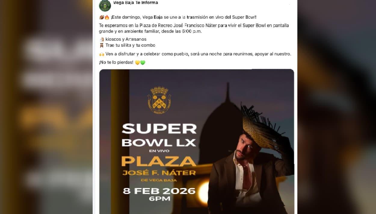 La fiesta en 'casa' de Bad Bunny, con la transmisión de su show del Super Bowl 2026 en pantalla gigante, 
<b>comenzará a las 6:00 p.m. </b>La plaza pública de Vega Baja será el lugar para ese encuentro "familiar".