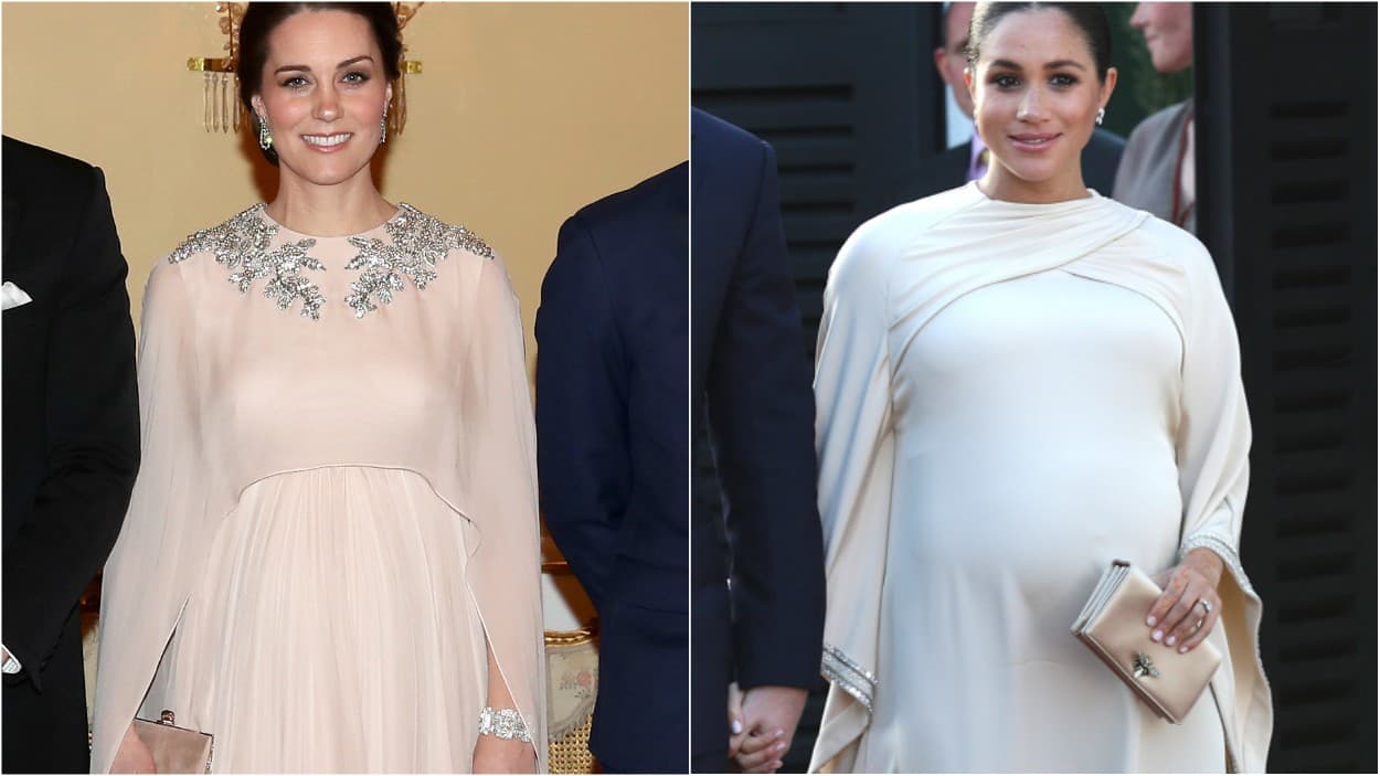 Además de la lujosa caída de las telas, ambos vestidos tenían detalles en el cuello, el de Kate bordado en pedrería y el de Meghan un drapeado del que salían las mangas.
