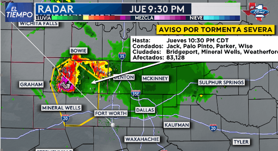 Aviso por tormenta severa hasta las 10:30 pm para partes de los condados de Wise, Jack, Parker y Palo Pinto. 