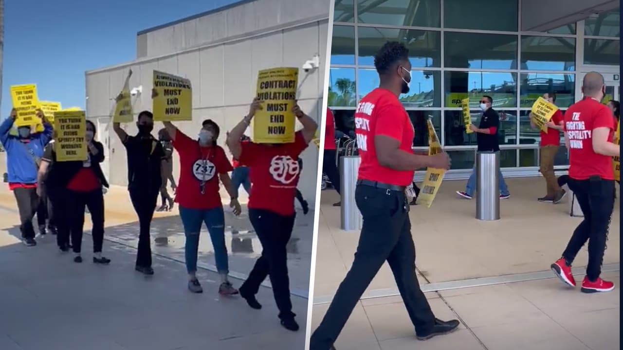 Trabajadores de Spirit Airlines protestan en el Aeropuerto Internacional de Orlando; exigen mejoras laborales  
