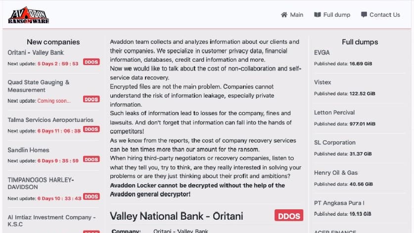 Imagen capturada del sitio de la organización Avaddon Ransomware el 8 de junio en la deep web.