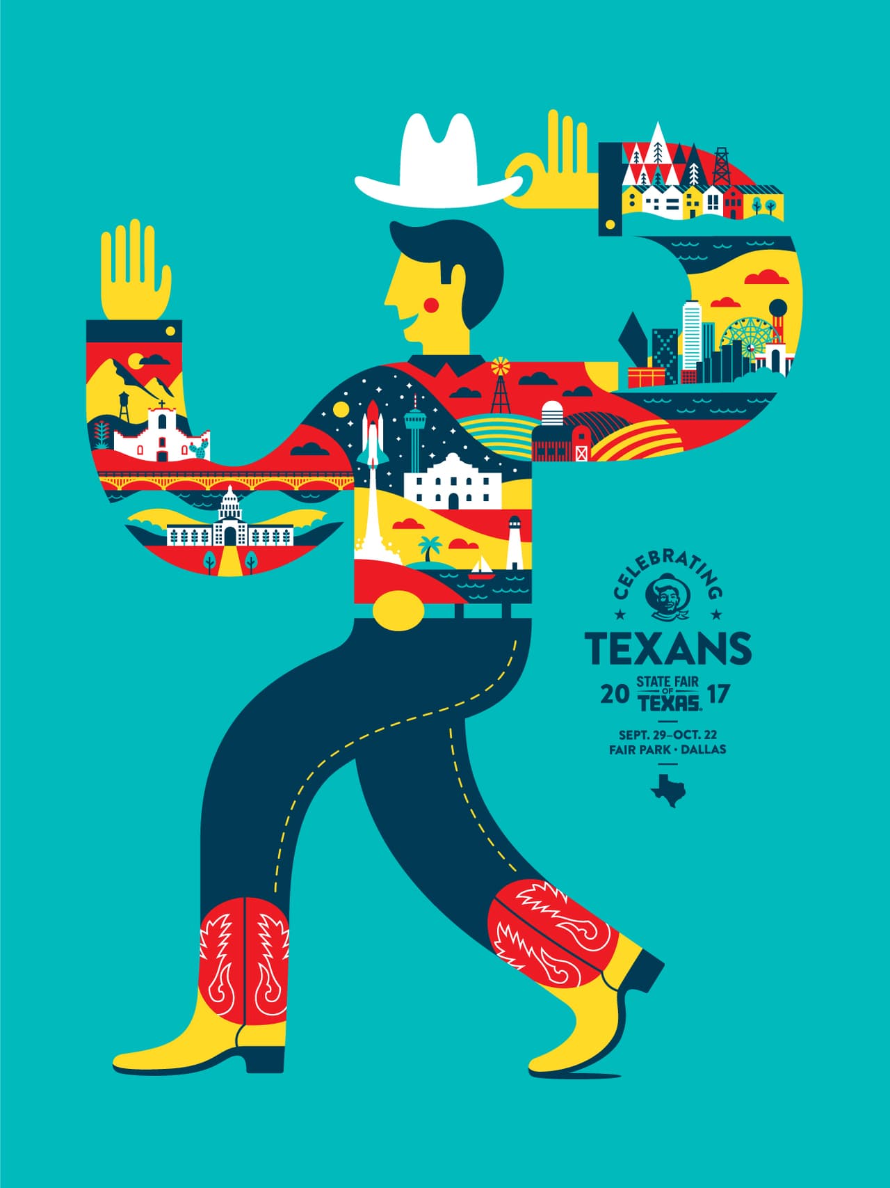 El tema de este año es "celebrando a los texanos" y esta ilustración busca representar a las siete regiones de Texas.