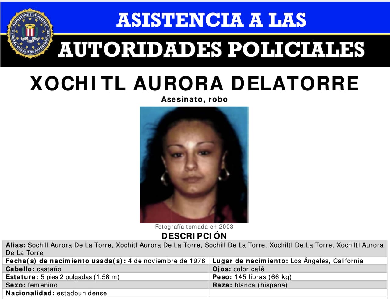 <b>Xochitl Aurora De La Torre</b> era buscada por su presunta participación en el asesinato de un hombre el 10 de septiembre de 2004 en Los Ángeles. La mujer
<a href="https://twitter.com/FBILosAngeles/status/1387188530812686337" target="_blank">regresó a Estados Unidos este 27 de abril</a>, tras haber sido buscada por más de 17 años.
