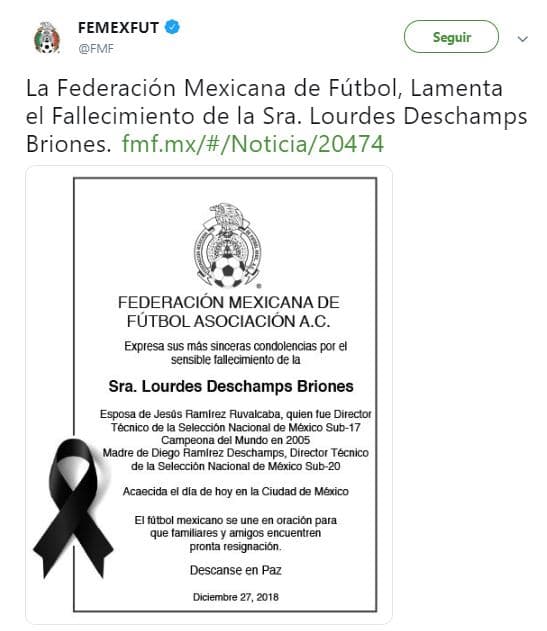En el comunicado emitido por la FemexFut no se mencionan las causas de la lamentable noticia.