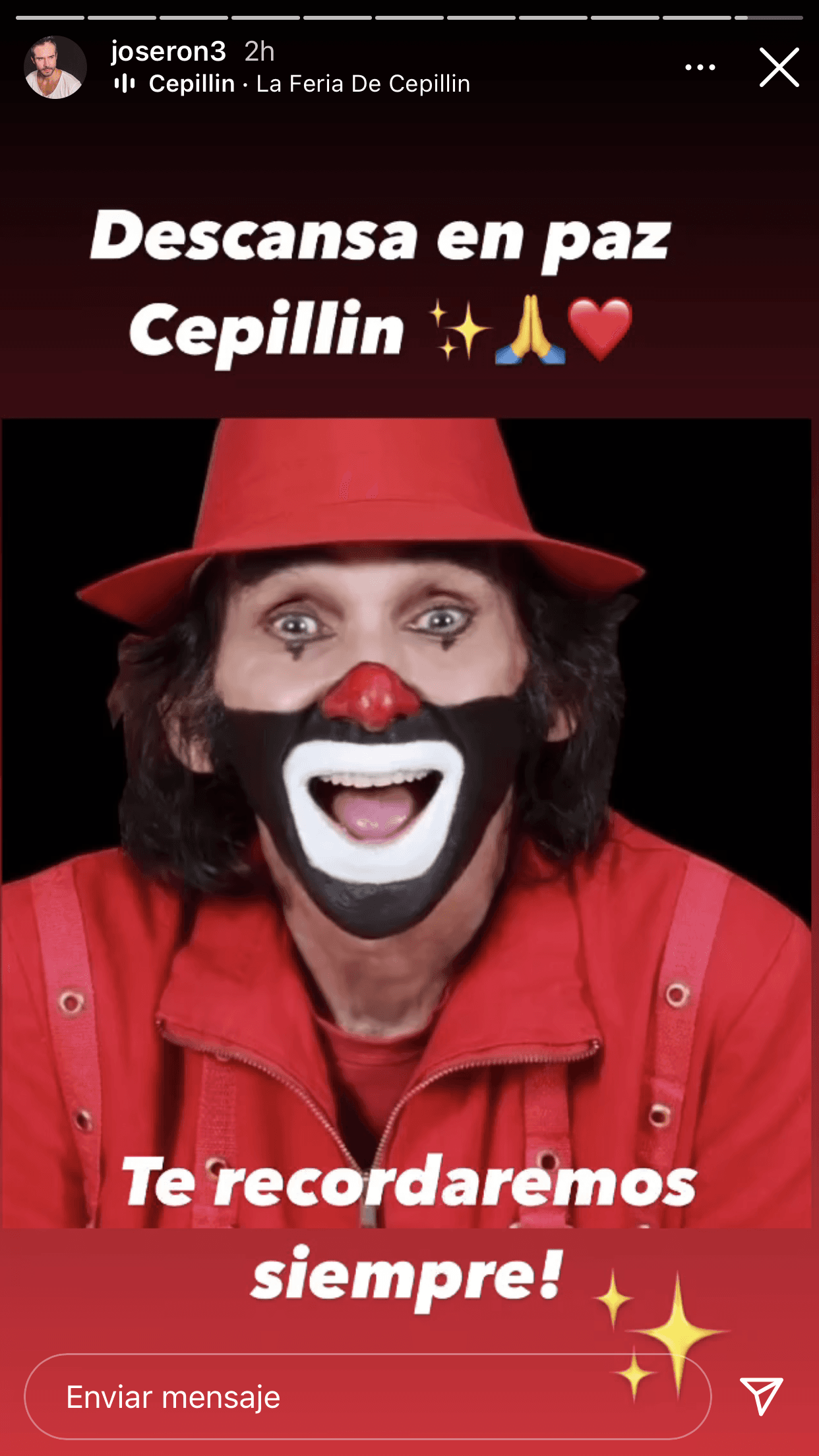 Desde Valle de Bravo, en el Estado de México, José Ron hizo una pausa en su descanso para unirse al pésame a la familia de 'Cepillín'.