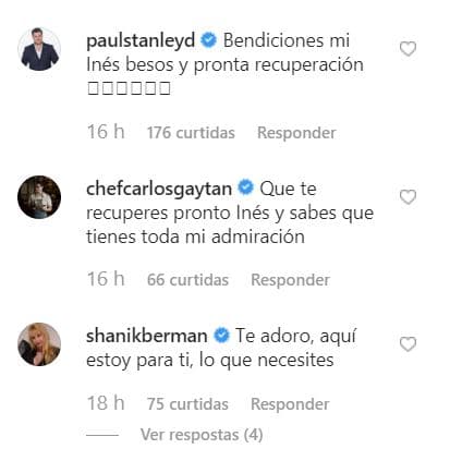 El chef Carlos Gaytán, con quien Inés trabajó en Familias Frente al Fuego, expresó: "Que te recuperes pronto, Inés. Y sabes que tienes toda mi admiración".