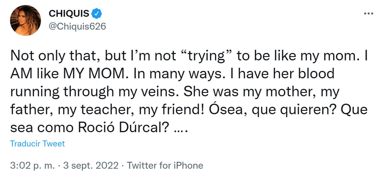 "
<b>Tengo su sangre corriendo por mis venas</b>. ¡Ella era mi madre, mi padre, mi maestra, mi amiga! Ósea, ¿qué quieren? ¿Que sea como Rocío Dúrcal?", cuestionó a sus detractores.
<br>
