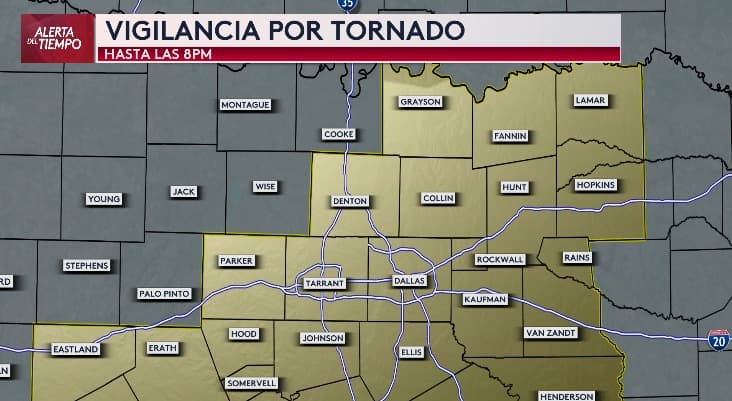 <b>Vigilancia por tornado en gran parte del norte de Texas</b>, hasta las 8 pm.