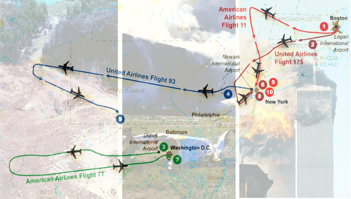 A 21 años de los atentados terroristas del 
<b><a href="https://www.univision.com/temas/11-de-septiembre">11 de septiembre</a> </b>de 2001, honramos a las víctimas del ataque perpetuado con cuatro aviones de vuelos comerciales que salieron con rumbo a dos ciudades de 
<b><a href="https://www.univision.com/temas/california">California</a></b>, pero que tras despegar cambiaron su ruta y la historia del mundo.