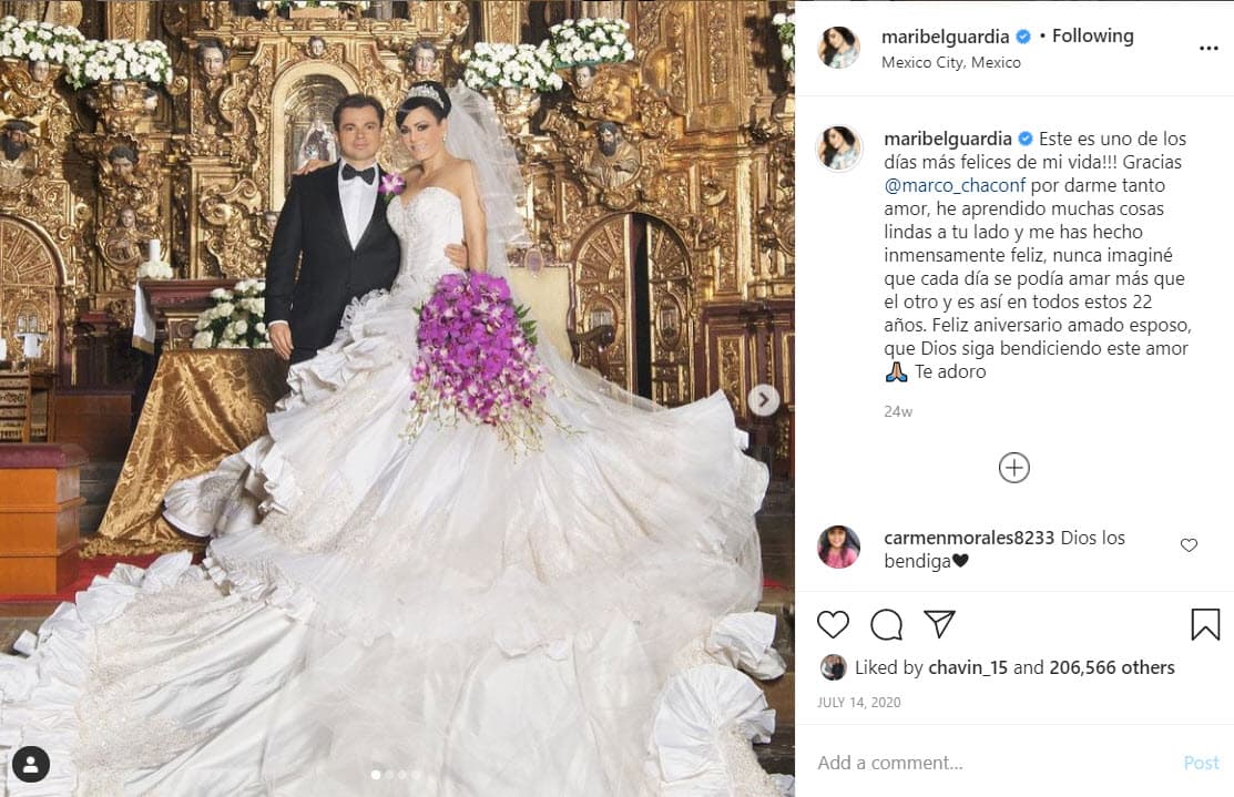 El pasado 24 de julio, Maribel Guardia celebró su aniversario y dedicó un emotivo mensaje: "¡Este es uno de los días más felices de mi vida! Gracias @marco_chaconf por darme tanto amor, he aprendido muchas cosas lindas a tu lado y me has hecho inmensamente feliz, nunca imaginé que cada día se podía amar más que el otro y es así en todos estos 22 años. Feliz aniversario amado esposo, que Dios siga bendiciendo este amor. Te adoro".