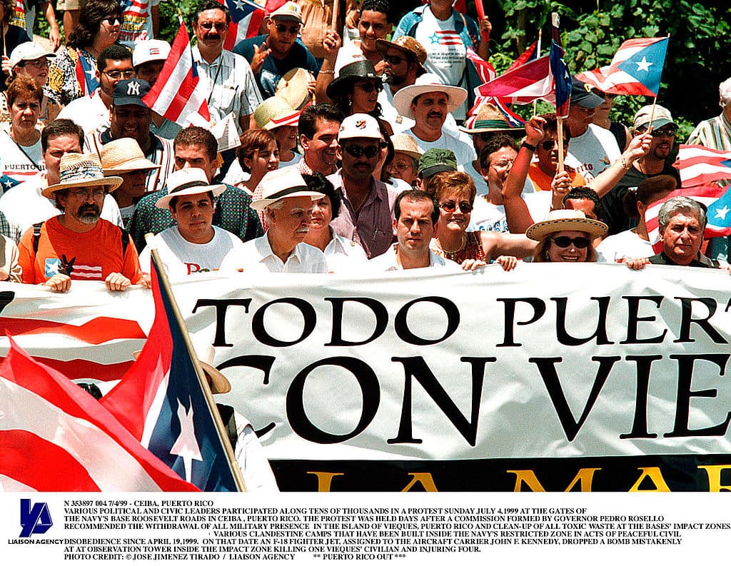 7/4/99 - Ceiba, Puerto Rico - Various Political And Civic Leaders Participated Along Tens Of Thousands In A Protest Sunday July 4,1999 At The Gates Of The Navy's Base Roosevelt Roads In Ceiba , Puerto Rico. The Protest Was Held Days After A Comission Formed By Governor Pedro Rosello Recomended The Withdrawal Of All Military Presense In The Island Of Vieques, Puerto Rico And Clean-Up Of All Toxic Waste At The Bases' Impact Zones. (Photo By Jose Jimenez/Primera Hora/Getty Images)