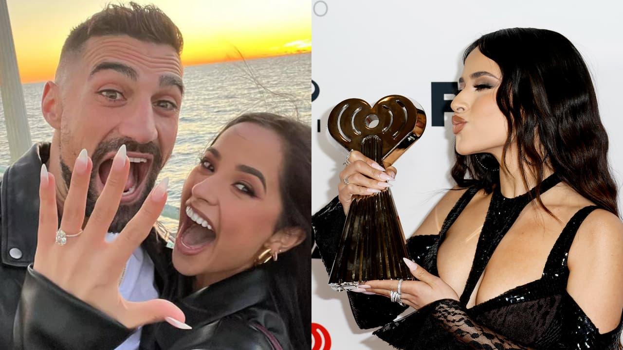 A la izquierda, Becky G aparece con Sebastián Lletget presumiendo el anillo de compromiso. A la derecha, la cantante en los iHeartRadio Music Awards 2023 sin la sortija.