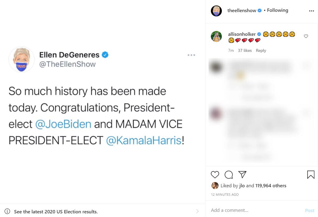 La famosa comediante
<b>Ellen DeGeneres</b> se unió a la celebración: "Mucha historia se ha hecho hoy. Felicitaciones al presidente electo Joe Biden y a la señora vicepresidenta electa Kamala Harris".