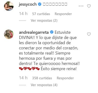 La actriz Jessica Coch fue otra de las famosas que intervinó ante el mensaje de Manterola. La conductora Andrea Legarreta consideró que la participación de la modelo fue divina. "Y lo que dijiste de que les dieron la oportunidad de conectar por medio del corazón, ¡es totalmente real! Siempre hermosa por fuera y más por dentro. Te queremos, hermosa. ¡Éxito siempre, reina!".