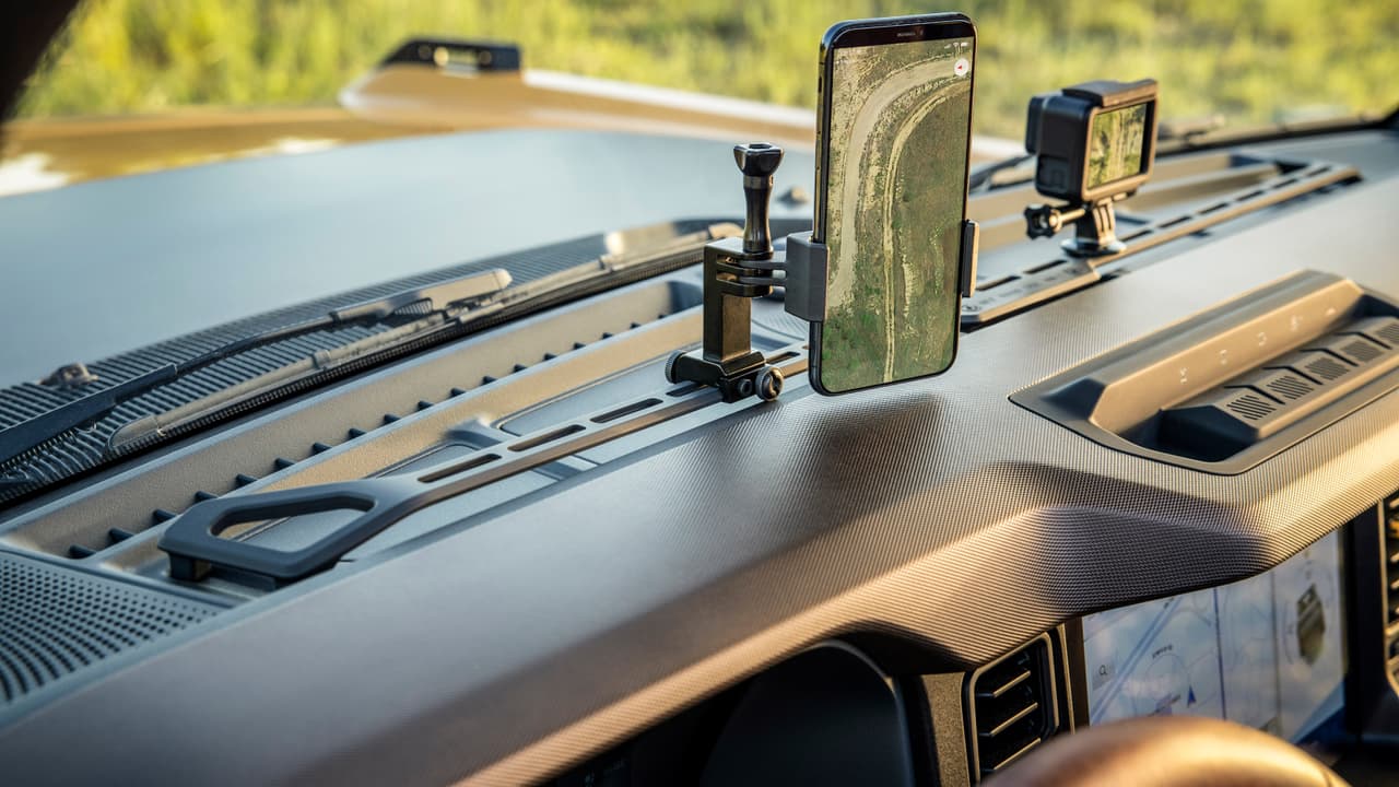 The instrument panel in the 2021 Bronco two- and four-door models is ready for installation of accessories such as a bring-your-own-device rack shown on this prototype. (Prototype interior shown not representative of production vehicle.)