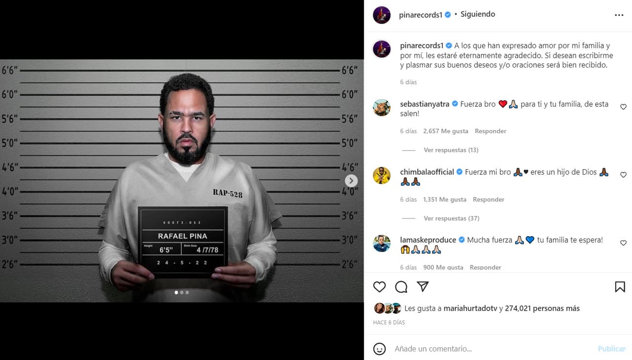 A través de Instagram ha hecho un par de publicaciones en la cuenta de Pina Records. El 1 de junio compartió una fotografía desde la cárcel.
<br>