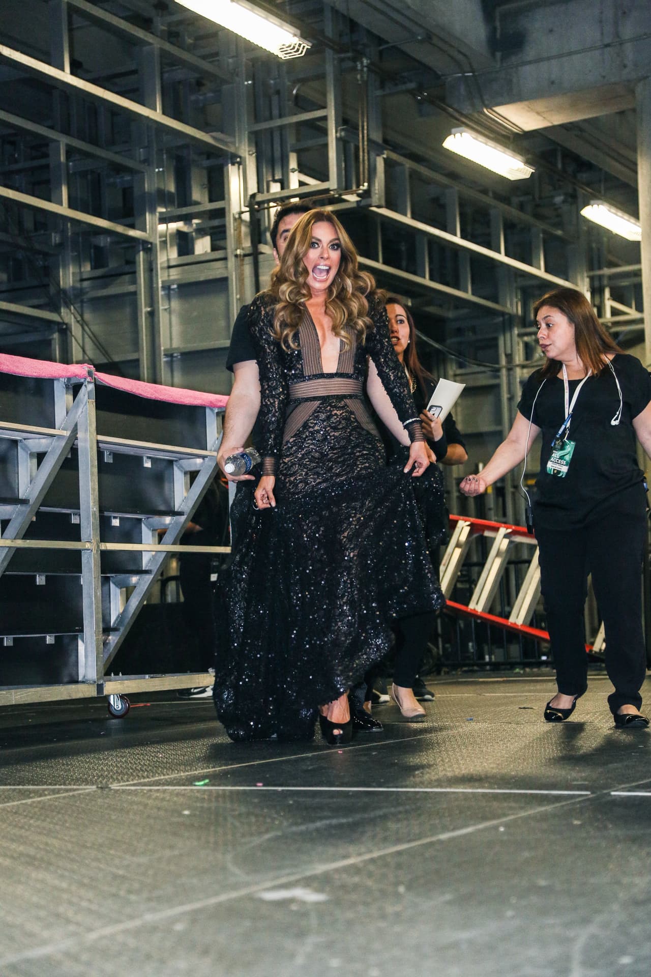 La conductora eligió unos zapatos muy altos para la ceremonia, la estilizaban perfecto, pero casi la hacen caer.