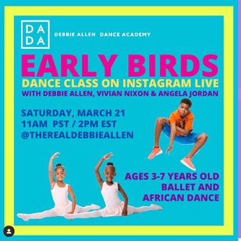 Este próximo sábado, 21 de marzo, la bailarina, directora, y ganadora de tres Emmys por coreografía,
<b>Debbie Allen</b>, estará dando una clase de baile africano y de ballet, diseñada para los niños entre las edades de 3 a 7 años. No obstante, la también actriz invita a todos a que aprendan con ella en su Instagram en vivo @therealdebbieallen a las 11am PST/ 2pm EST.