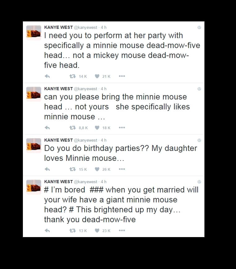 Por supuesto, Kanye no se quedó callado y respondió a Deadmaus a manera de burla, llamándolo "cabeza de Minnie Mouse".