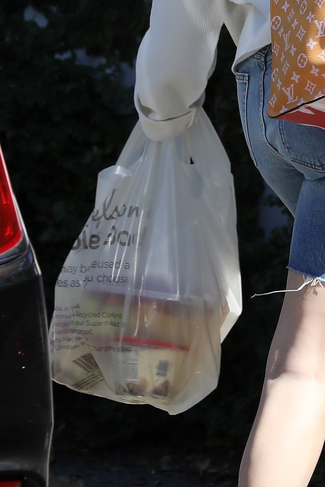 Con ella llevaba una bolsa con algunos productos, helado y ensalada. En el hombro cargaba un bolso de mano Louis Vuitton.