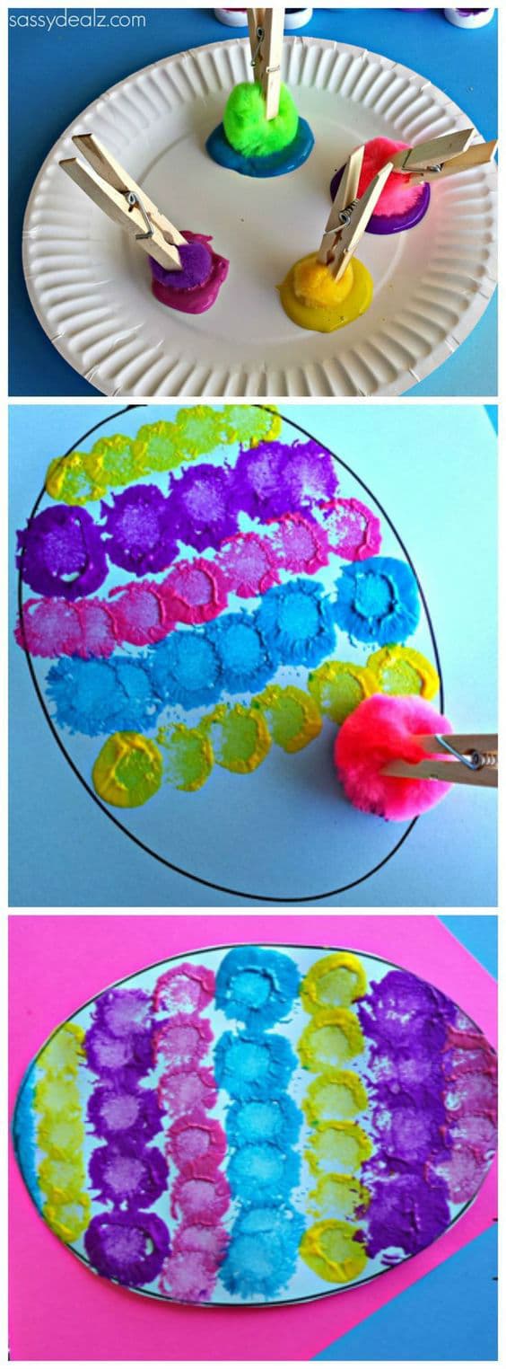 Pom Pom Easter Egg Painting, though a bit messy, is great fun. It's a great way to teach children about patterns, design and colour.
