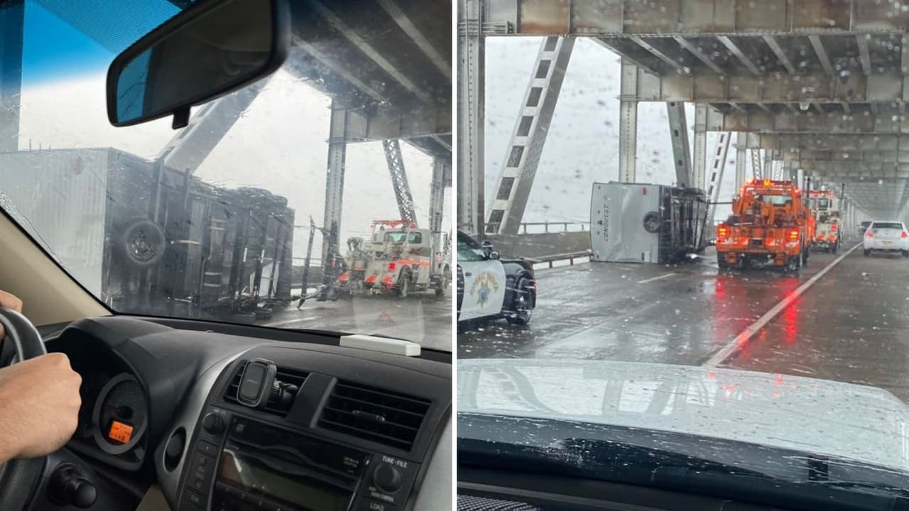 Así volcaron dos camiones en el puente Richmond-San Rafael debido a los fuertes vientos
