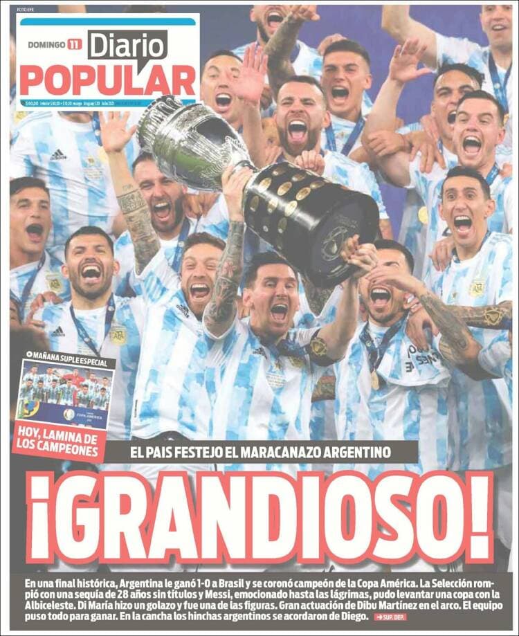 Argentina rompe la maldición y 28 años después consigue, de la mano de Lionel Messi, el título de campeones de la Copa América. La prensa argentina enaltece la hazaña, así como la prensa internacional del continente americano.