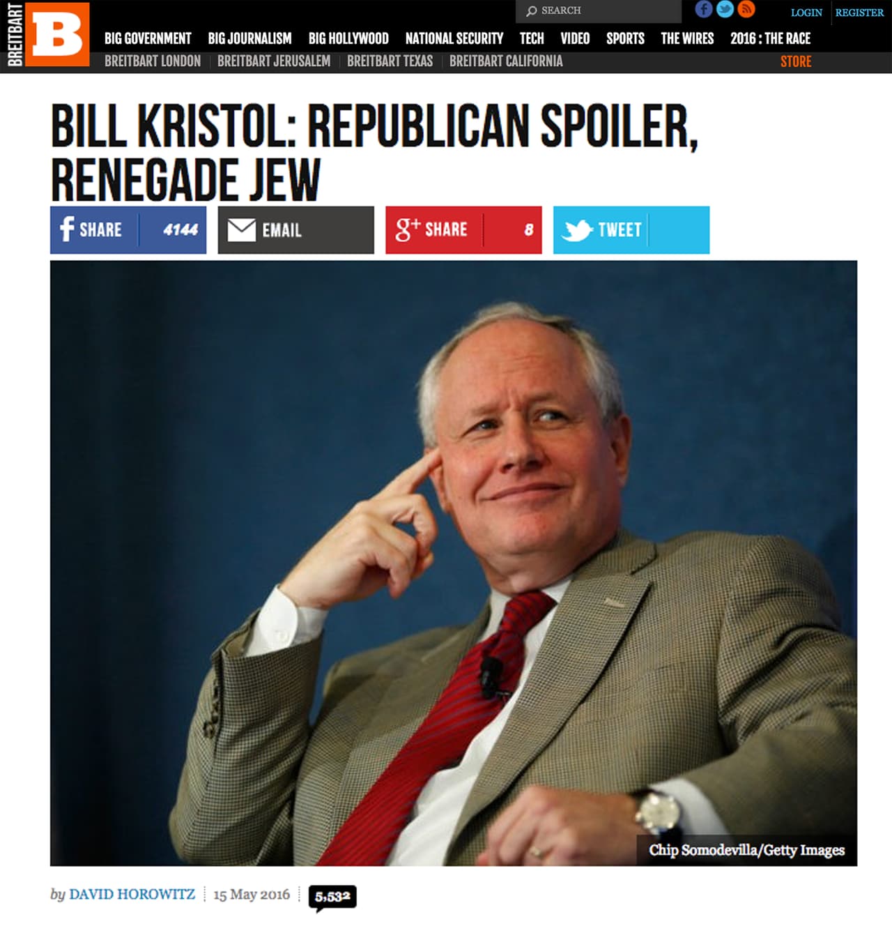 "Bill Kristol: candidato republicano sin posibilidades, judío renegado". Distintos criticos señalan a Steve Bannon como antisemita y discriminatorio.
<br>