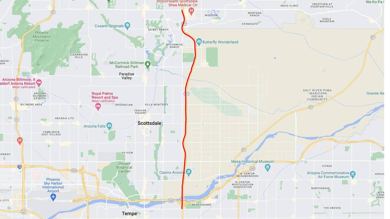 <b>Loop 101 Sur</b>
<br>El Loop 101 en dirección sur (Pima Freeway) cerrará entre Shea Boulevard y Rio Salado Parkway (cerca del cruce del Loop 202) desde las 10 p.m. del viernes y hasta a 1 p.m. del sábado.
<br>
<br>La rampa de entrada del Loop 101 en dirección sur en Cactus Road también estará cerrada.
<br>
<br>
<b>Rutas alternas</b>
<br>Considere usar la Ruta Estatal 51 en dirección sur, para llegar al área del centro de Phoenix. Los conductores también pueden utilizar Hayden Road/McClintock Drive o Scottsdale Road en dirección sur.