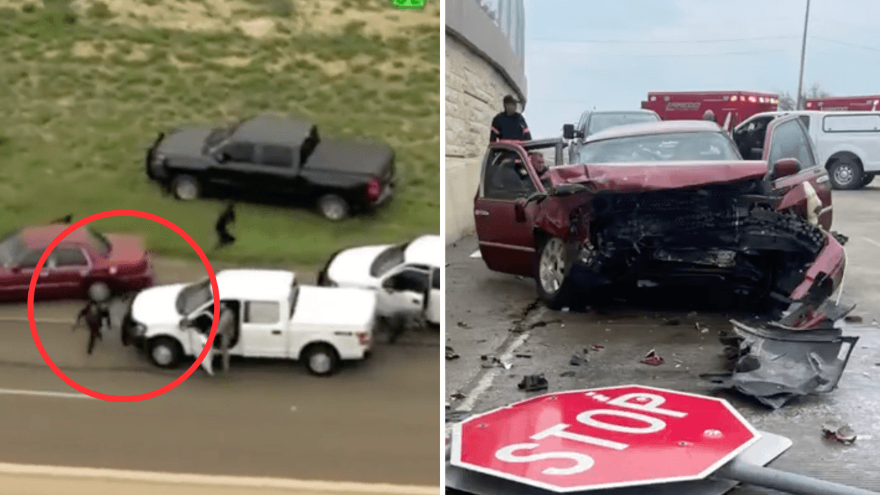 Captan desde el aire en video a inmigrantes que salen de carro en movimiento y el choque del presunto traficante