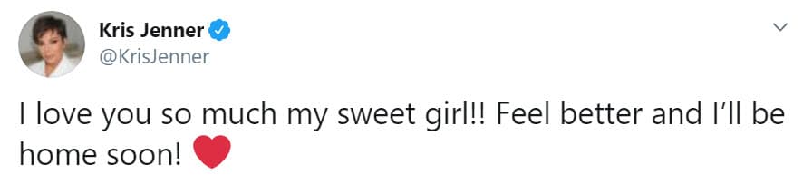 A pesar de estar lejos, no dejó de dedicarle un mensaje a su hija menor a través de Twitter: "¡Te quiero mucho mi dulce niña! Que te sientas mejor y pronto estaré en casa".