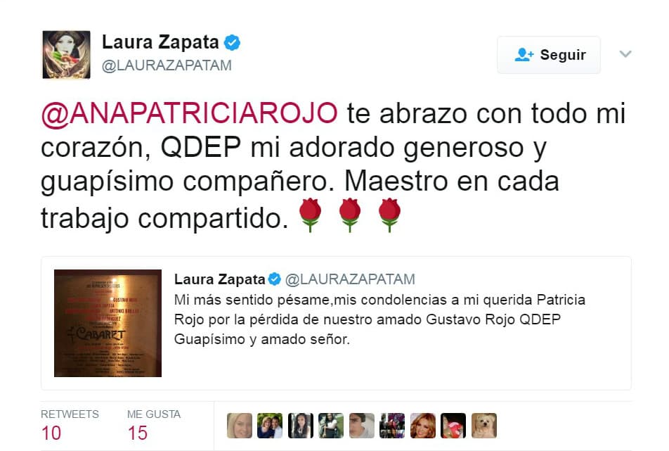 <b><a href="http://www.univision.com/temas/laura-zapata">Laura Zapata</a> </b>realizó varias telenovelas junto con
<b><a href="http://www.univision.com/temas/gustavo-rojo">Gustavo Rojo</a></b>, por lo que en dos publicaciones externo su sentir con la noticia de la muerte del actor, pues lo catalogó como un señor generoso y guapo.
