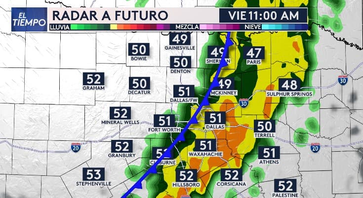 A las 11:00 am, el frente frío se aproximará a Dallas y las lluvias seguirán su trayectoria hacia el este, pero primero pasarán por Waxahachie y Paris.