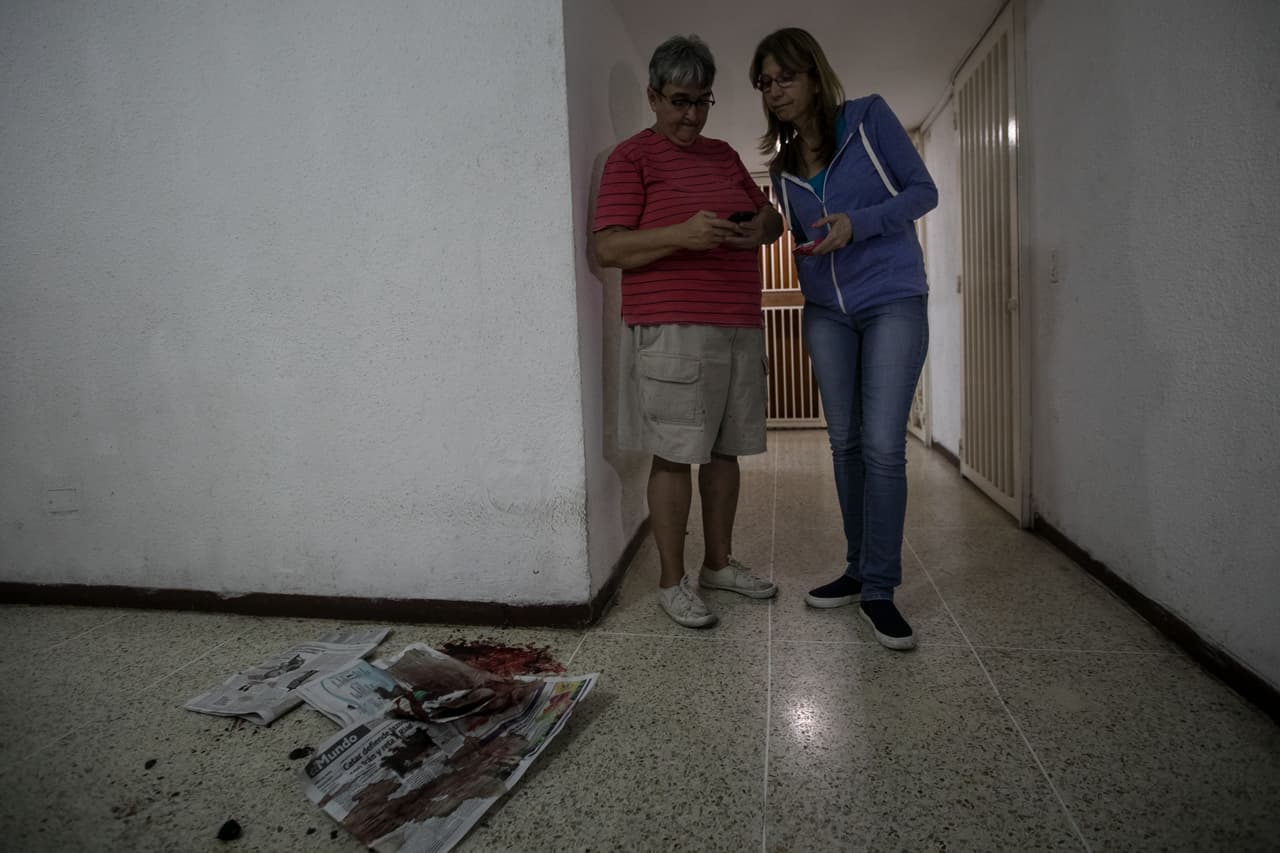 Yasmin Navarro (c) muestra la sangre de su perro Cros, al que le dispararon en las residencias Los Verdes ubicadas en el oeste de Caracas (Venezuela) hoy, miércoles 14 de junio de 2017.