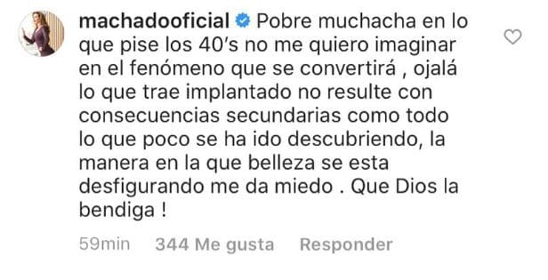“La manera en la que la belleza se está desfigurando me da miedo. 
<b><a href="https://www.instagram.com/p/B64nif_hjMt/" target="_blank">¡Qué Dios la bendiga!</a></b>”,puntualizó la actriz.