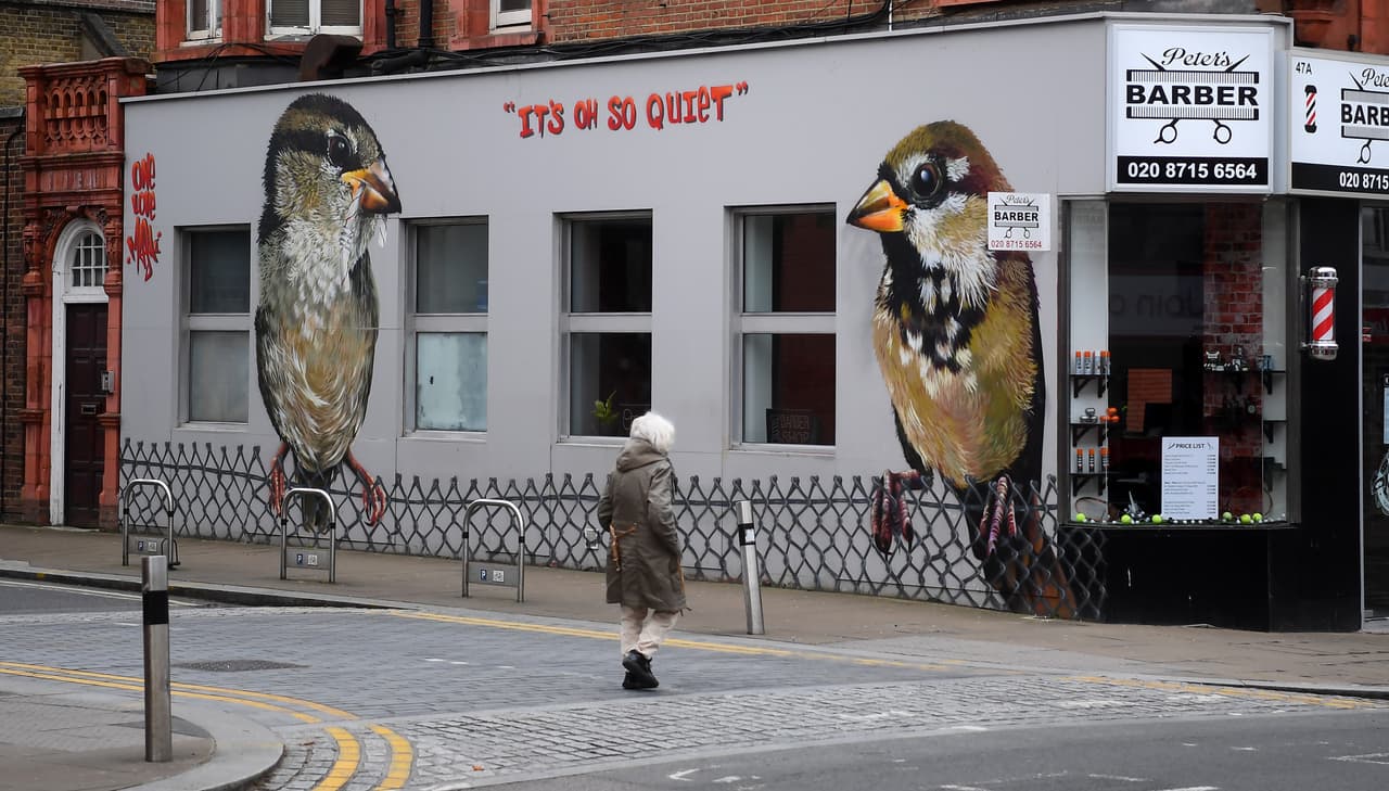 También en una calle de Londres, este grafiti de dos gorriones de gran tamaño posados sobre una cerca con el cartel "Oh, qué tranquilo está todo", apelan a los beneficios que puede estar recibiendo la naturaleza de este parón total de la sociedad global.