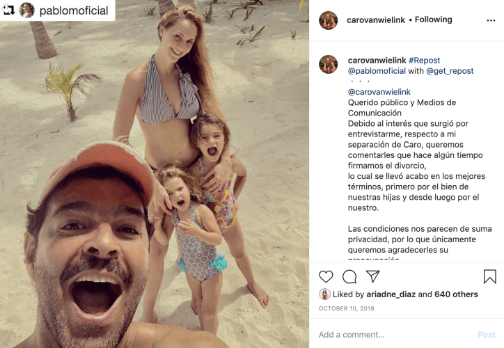 El 10 de octubre de 2018 a través de Instagram,
<b><a href="https://www.univision.com/entretenimiento/pablo-montero-confirma-que-se-divorcio-hace-algun-tiempo-de-la-madre-de-sus-dos-hijas">Pablo Montero confirmó que "hacía unos meses" había firmado el divorcio</a></b> de Carolina Wan Wielink en "los mejores términos, primero por el bien de nuestras hijas y desde luego por el nuestro".