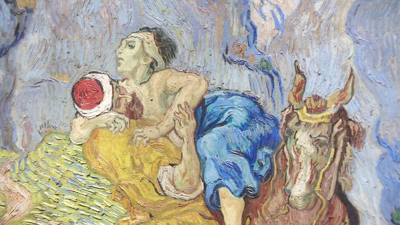 En la muestra se exhiben retratos, pinturas de paisajes y naturalezas muertas provenientes, sobre todo, de las colecciones del Museo Van Gogh en Ámsterdam y del Kröller-Müller Museum en Otterlo, Países Bajos. Título de la obra en la foto: "The Good Samaritan ", del año 1890.