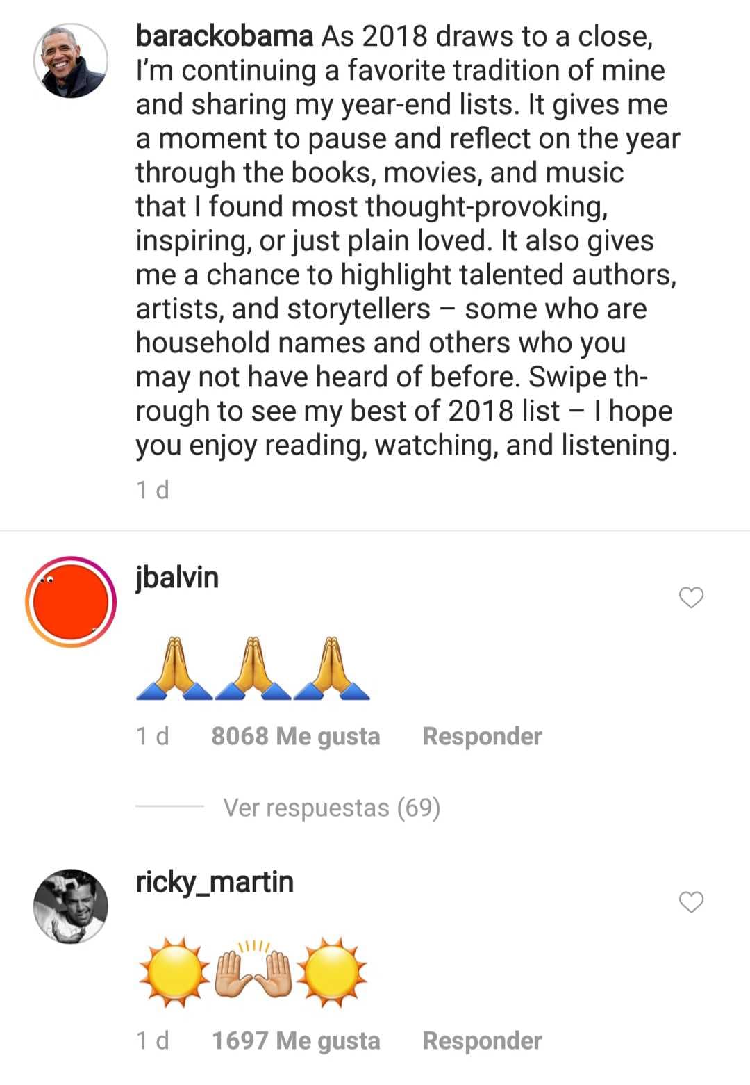 En la publicación de Barack Obama, 
<b>J Balvin agradeció el honor con emojis</b>, lo mismo que 
<b>Ricky Martin</b>, quien celebraba la adición de latinos en este listado.