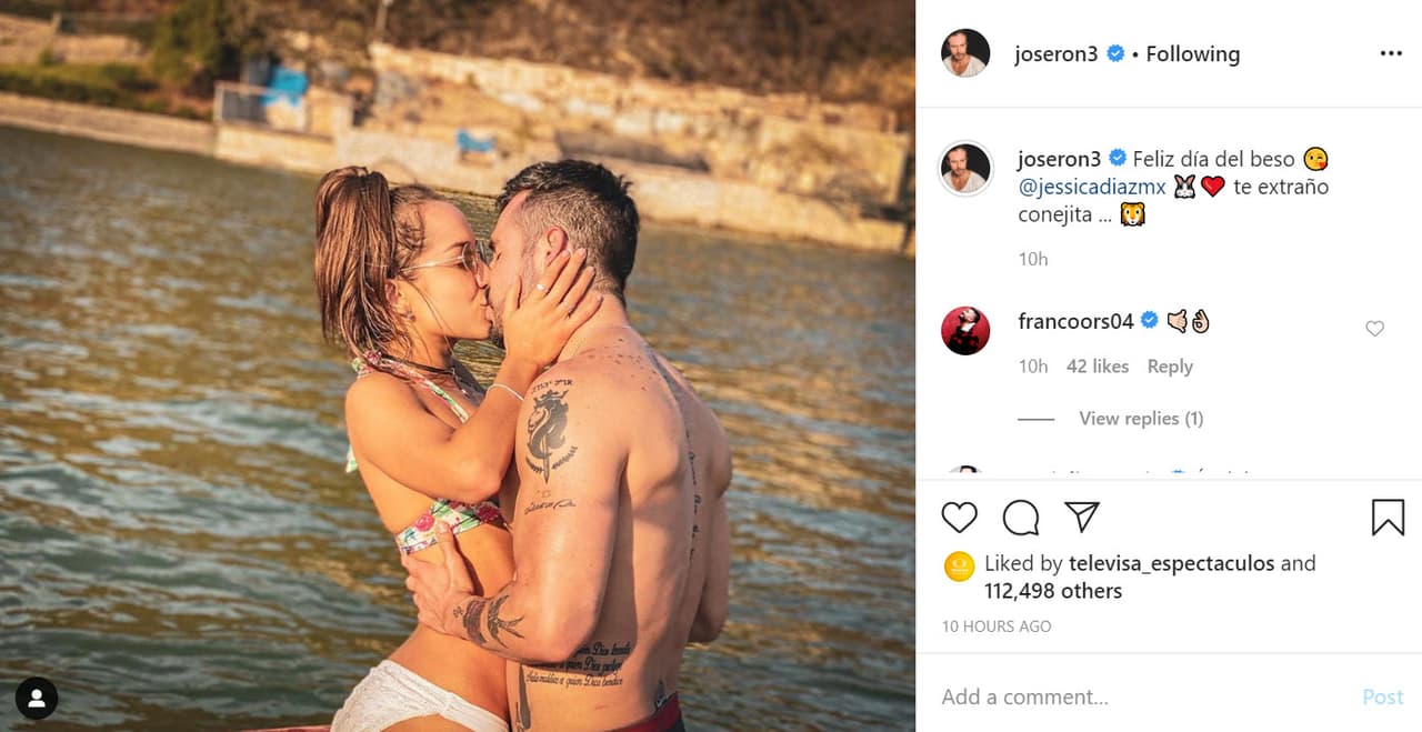 El lunes por la noche, el actor le dedicó 
<b><a href="https://www.instagram.com/p/B-8SIt3Jupw/" target="_blank">una foto</a></b> con motivo del Día Internacional del Beso en donde le expresó que la extraña. Jessica Díaz le contestó: "Mi amor, qué bonita foto en este día. 
<b>Extraño tus besos</b>, te quiero mucho conejo". 
<br>
