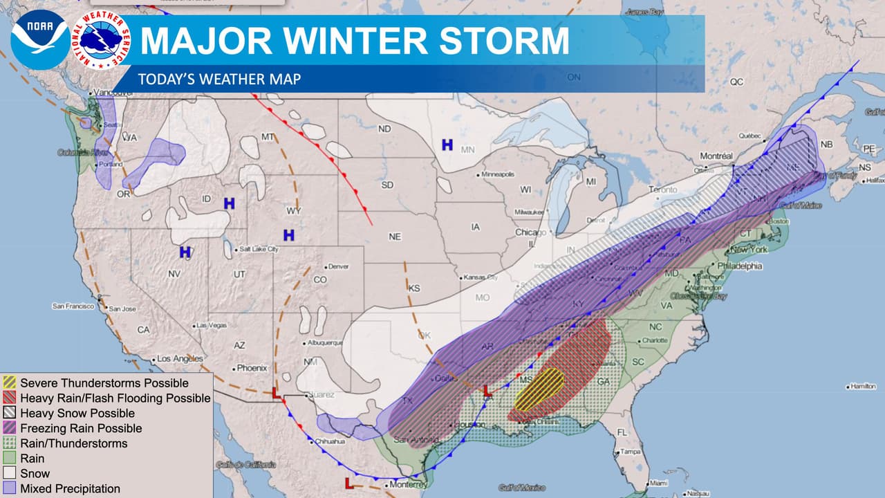 Esta imagen del Servicio Nacional de Meteorología (NWS) publicada el 3 de febrero muestra la trayectoria de la tormenta invernal desde el sur hasta el noreste del país.
<br>
<br>“El panorama meteorológico nacional de hoy es complicado”, escribió el NWS junto a esta imagen en Twitter
<br>