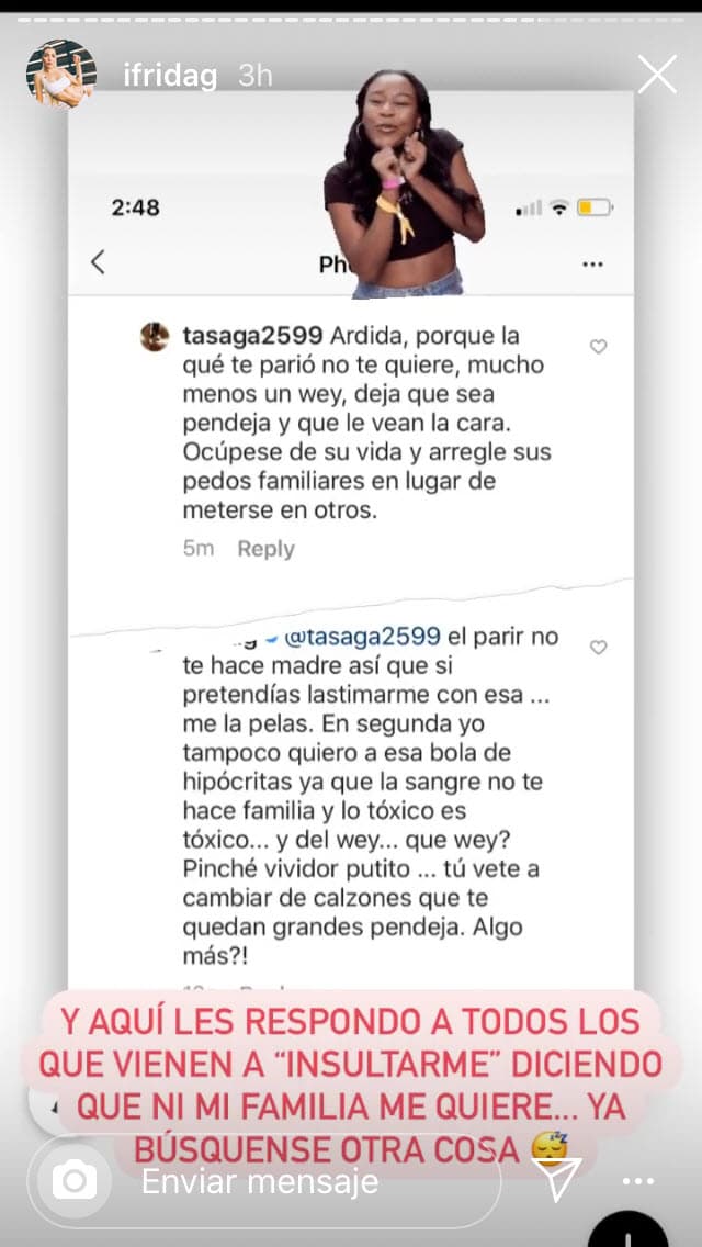 "Aquí les respondo a todos los que viene a ‘insultarme’ diciendo 
<b><a href="https://www.univision.com/famosos/a-su-padre-y-a-su-esposa-los-golpeo-las-7-revelaciones-de-alejandra-guzman-que-enmudecieron-a-frida-sofia-video" target="_blank">que ni mi familia me quiere</a></b>… ya búsquense otra cosa". 
<br>