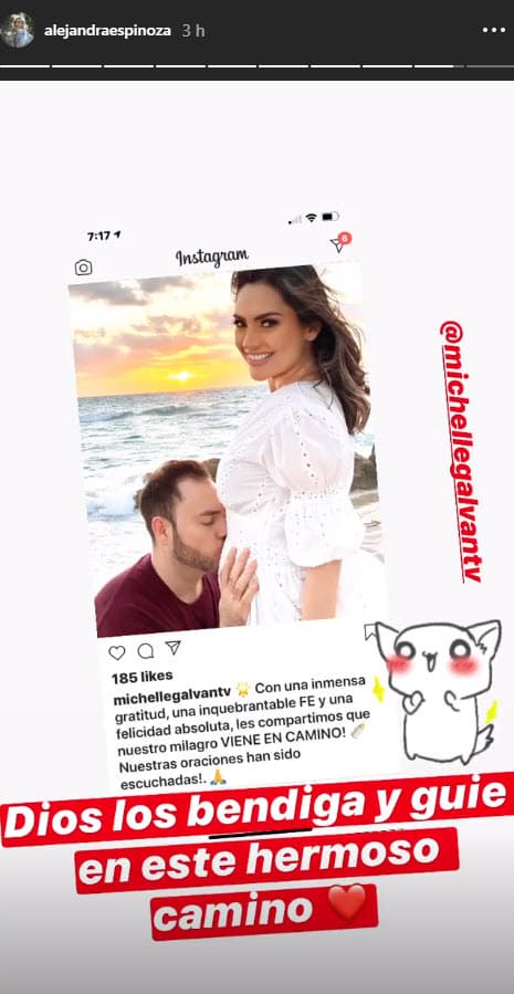 Además de comentar la publicación, Alejandra Espinoza compartió la imagen de Michelle Galván en sus historias de Instagram: "Dios los bendiga y guíe en este hermoso camino", se lee.