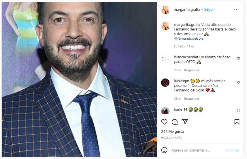 La actriz Margarita Gralia, quien protagonizó la telenovela ‘Amor en custodia’, también compartió unas palabras en su cuenta de Instagram para despedir a Fernando del Solar. 
<br>